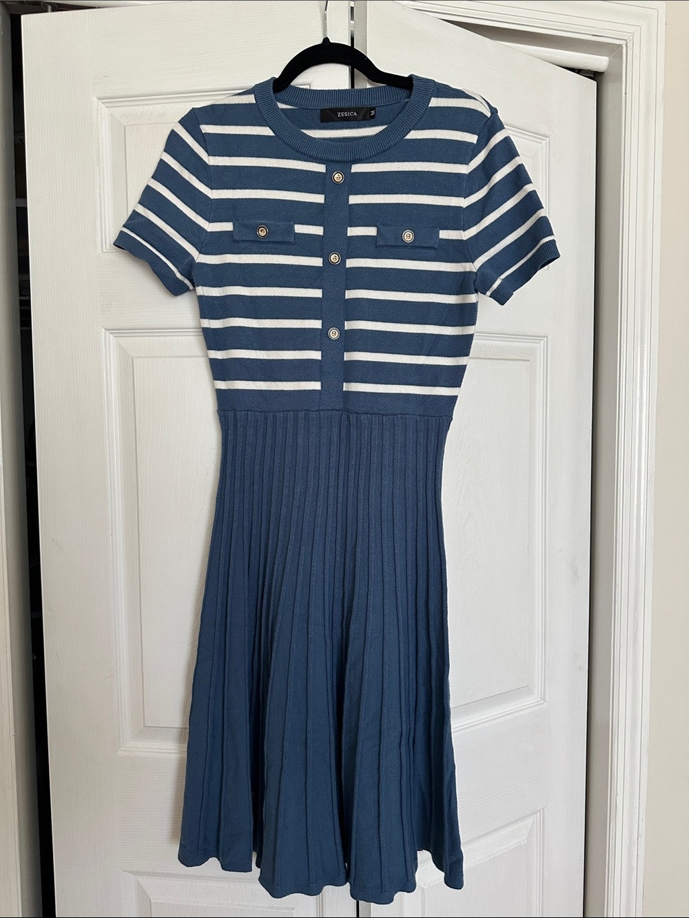 Zesica Blue and White Striped Knit Midi Dress
